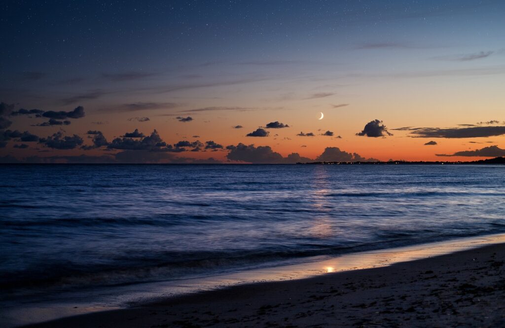beach, sand, sea, nature, lake, water, dusk, afterglow, night, moon, stars, heaven, clouds, moon, moon, moon, moon, moon, stars